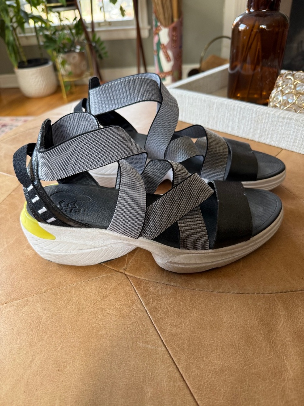 Sorel Explorer Blitz Multi Strap Sandal.  Black/White and contrasting neon yello